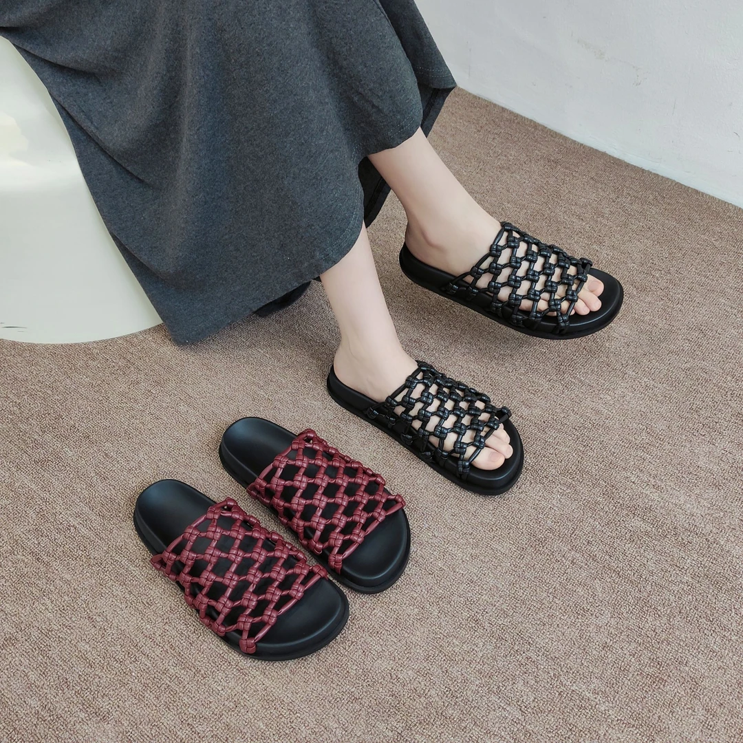 慕林娜  新款编制镂空露趾拖鞋外穿休闲百搭沙滩鞋女夏