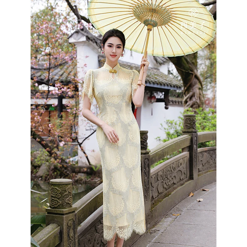 四美子【风铃花语】新款气质荷叶袖定位下摆清爽蕾丝旗袍裙连衣裙