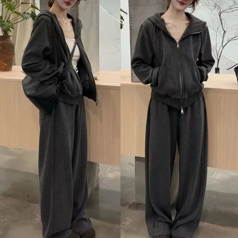 时尚套装女2026春秋新款韩版气质拉链开衫卫衣休闲阔腿长裤两件套