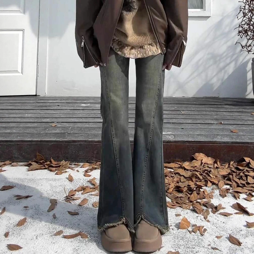 水泥灰毛边开叉微喇牛仔裤女春秋大码胖mm高腰显瘦遮胯弹力喇叭裤