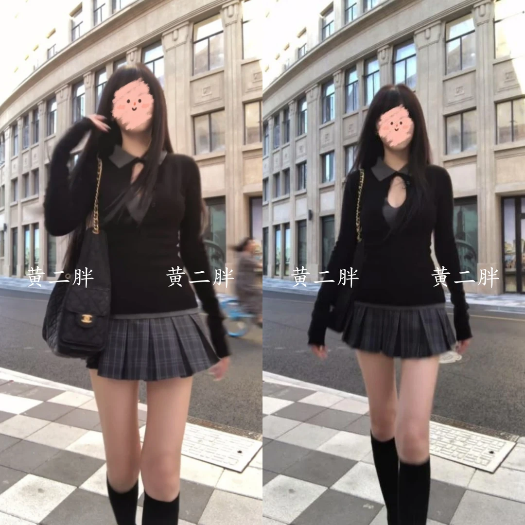 假两件polo领针织衫女秋冬纯欲性感显胸上衣显身材打底衫+半身裙
