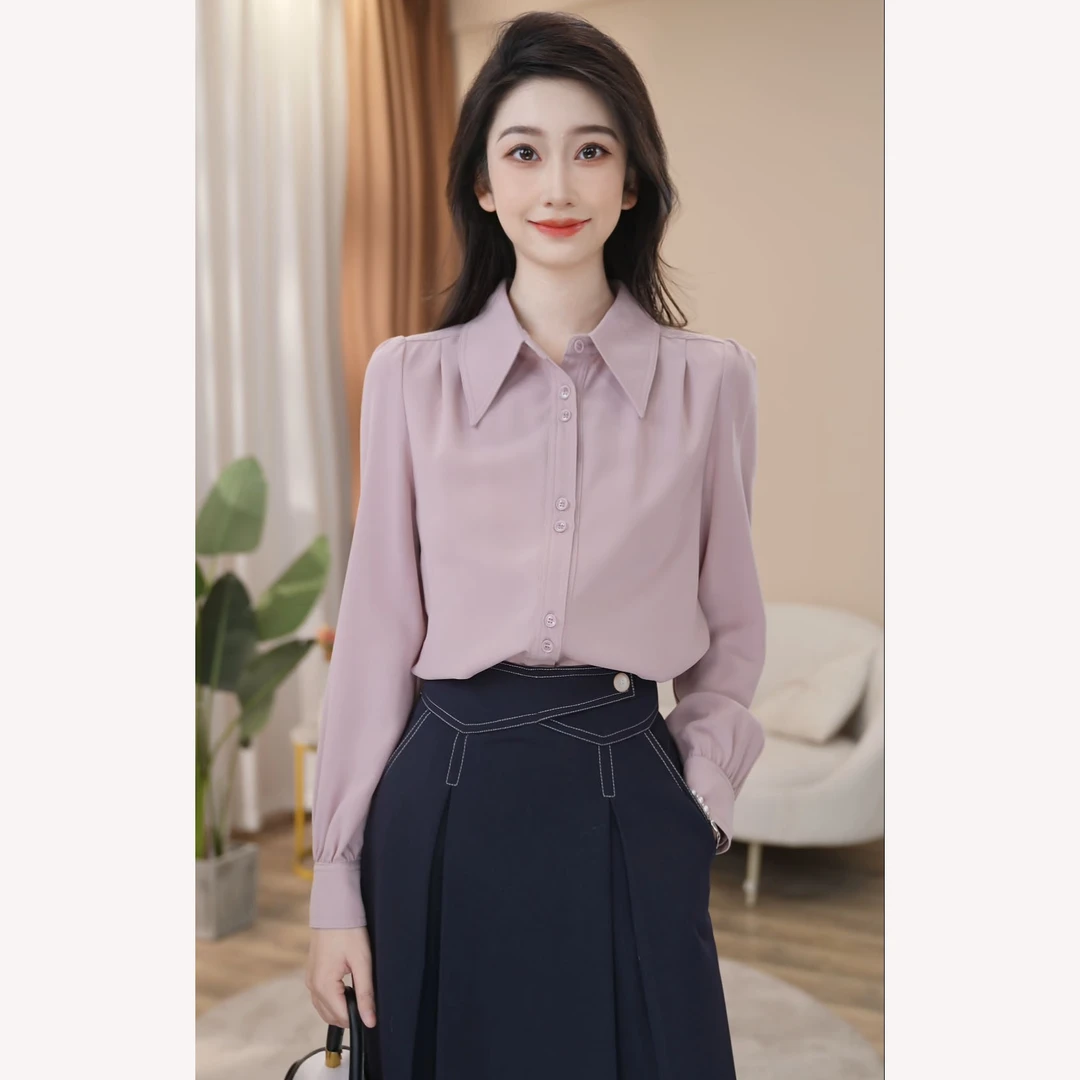 【曼贝】设计款长袖衬衫女百搭显瘦气质风通勤衬衣8293102【甜甜】