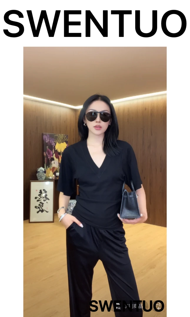 SWENTUO.设计款小众小领口宽袖修身V领显瘦T恤