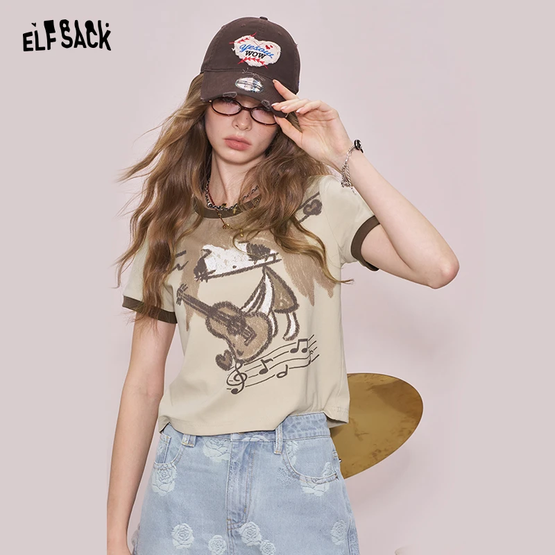 妖精的口袋复古印花正肩短袖t恤女2025年夏新款休闲修身显瘦上衣