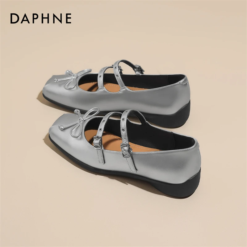 达芙妮新款银色玛丽珍女鞋2025春季法式粗跟浅口配裙子芭蕾舞单鞋