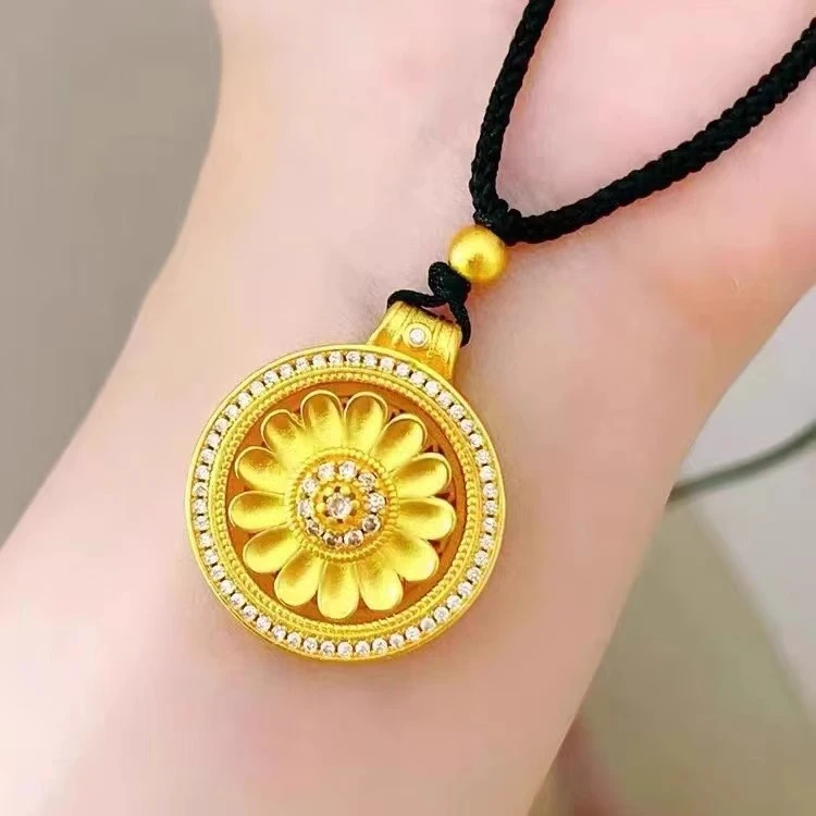 铜合金项链 镶钻向日葵罗盘旋转吊坠宫廷风小雏菊可转动圆盘项链