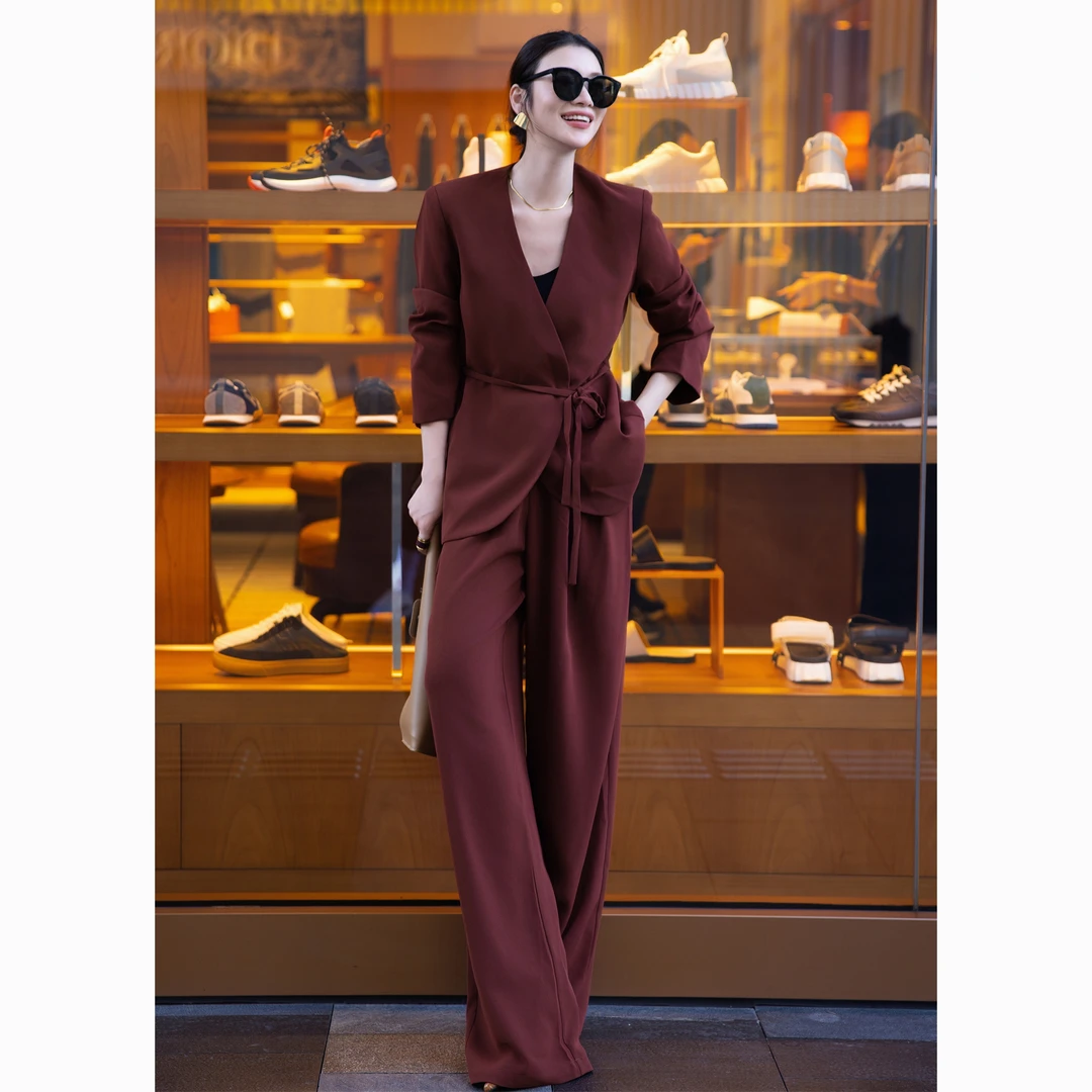 ZEROYK轻奢时尚套装女设计感女神气质醋酸绑带西服长裤通勤两件套