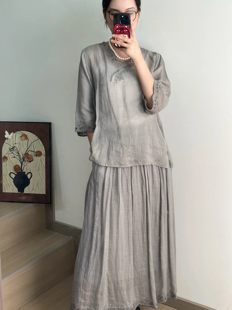 100%苎麻长裙休闲中国风宽松女装长款复古镂空套装夏季中式上衣