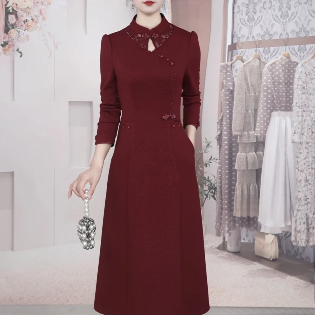 【连衣裙】秋季新款国风古韵时尚气质显瘦优雅婚宴新中式红连衣裙