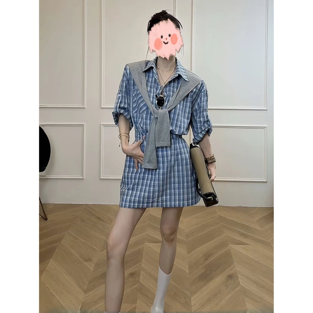 2025夏季韩版撞色格子披肩拼接收腰显瘦洋气衬衫连衣裙假两件套装
