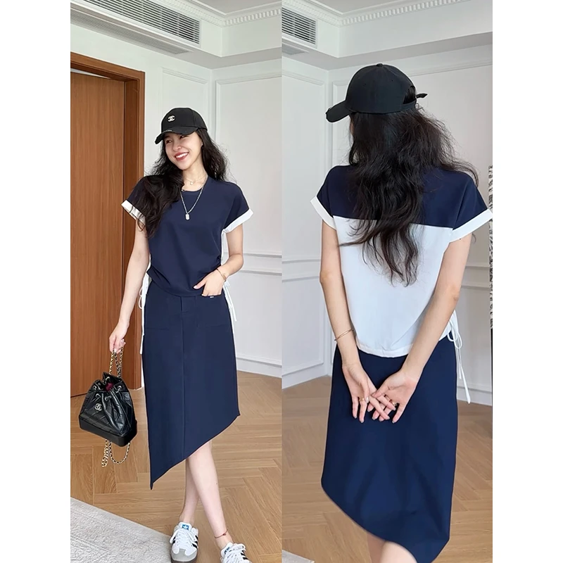 张阿星【放氧计划】藏青色慵懒风拼色上衣+通勤好穿半裙W425A07472