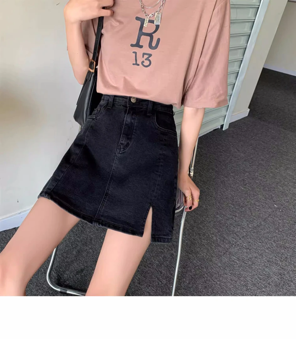 8539#春季新款牛仔显瘦百搭开叉a字ins半身短裙夏季
