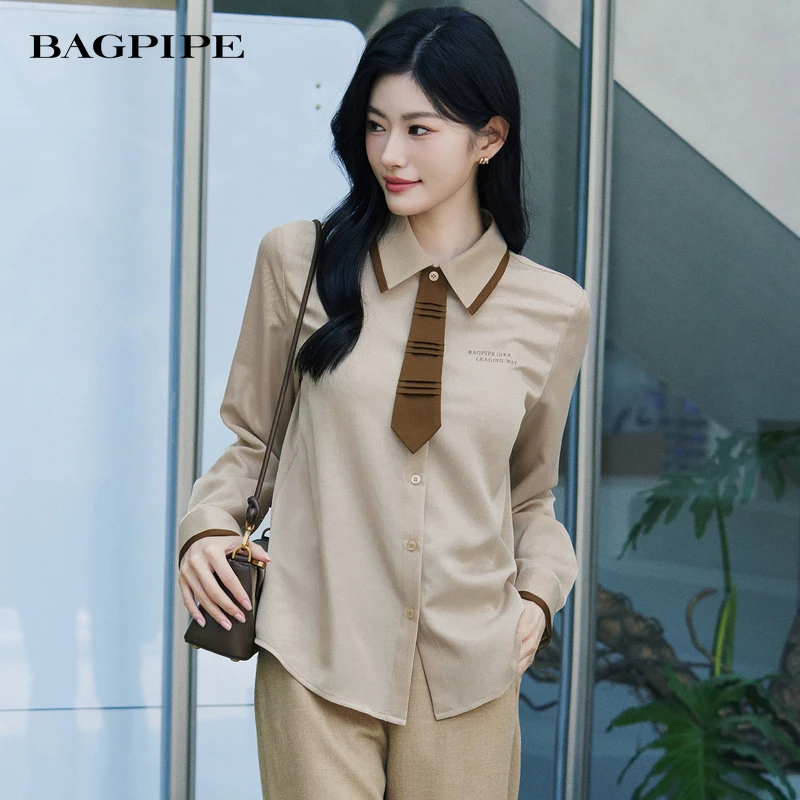 风笛2025冬季新款时尚百搭翻领衬衫学院风少女长袖衬衫修身上衣女