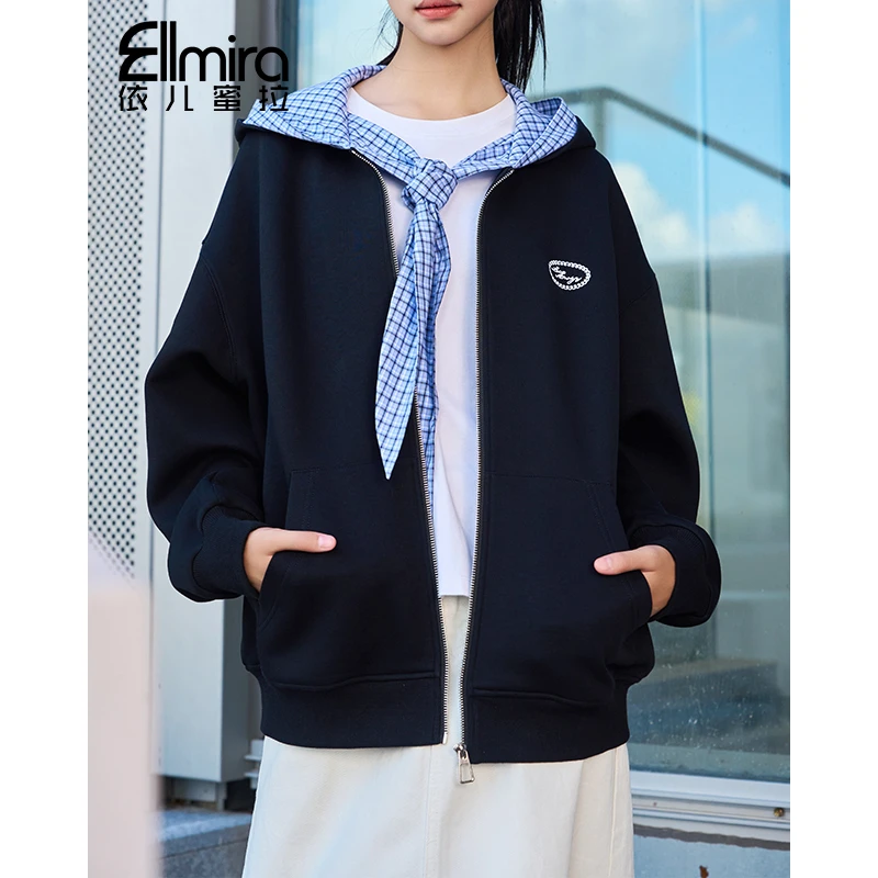 【燕宁】9424外套秋季女连帽假两件上衣拉链开衫格子连帽洋气时尚