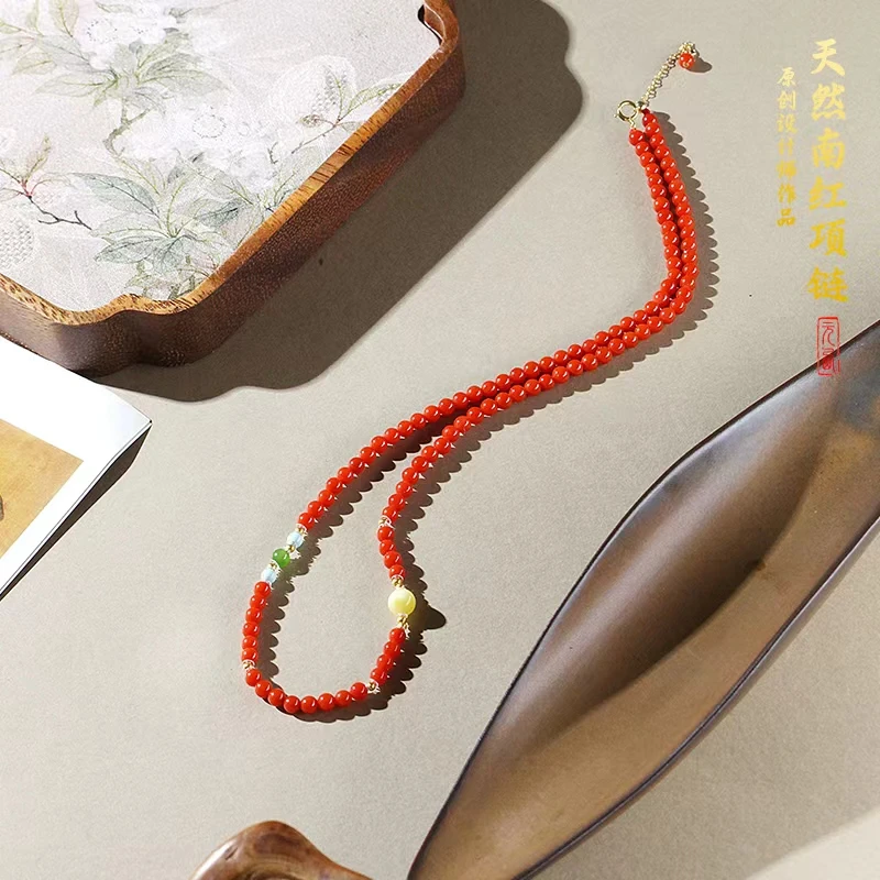 收藏级天然原矿南红项链颈链女款珊瑚红设计款【3.9mm】长度可调