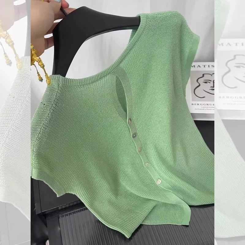 芯娇晴法式绿色后背镂空冰丝短袖t恤女夏季甜辣针织正肩短款上衣