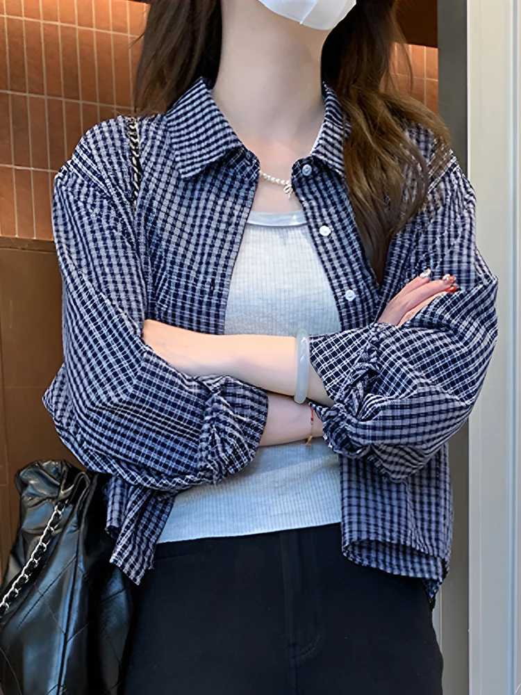 韩系小个子短款格子衬衫女2025秋季新款宽松休闲百搭短款上衣外搭
