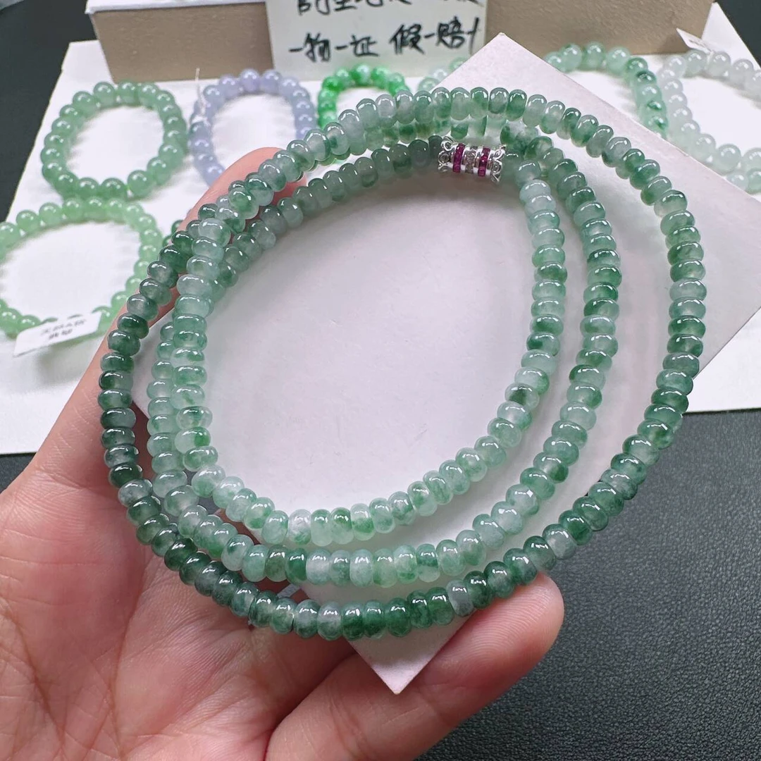 天然A货翡翠卡5mm老坑冰种飘花算盘珠项链时尚多圈珠子手串妈妈链