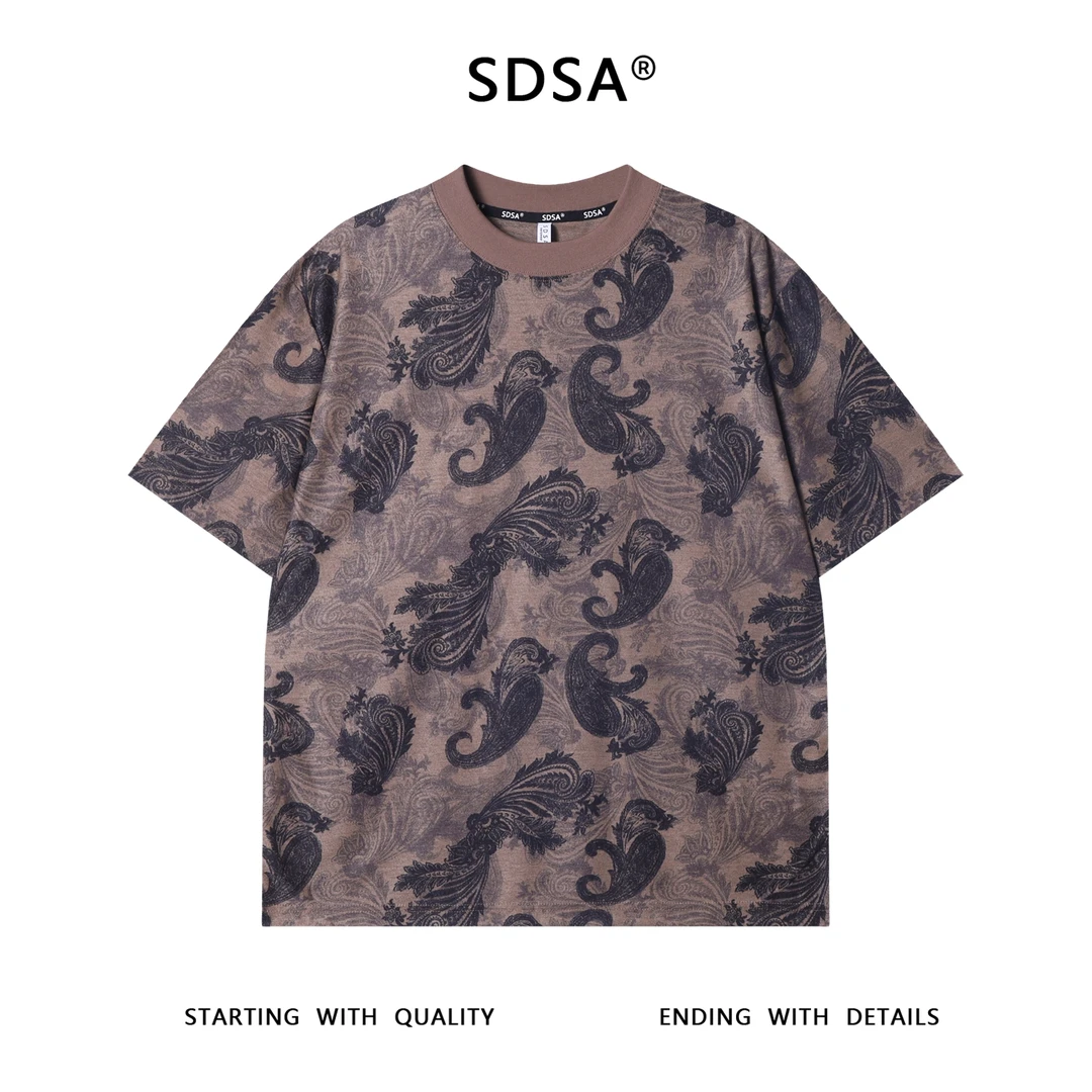 夏季高级感新款男士磨毛撞色圆领短袖T恤抽象羽毛图案设计上衣