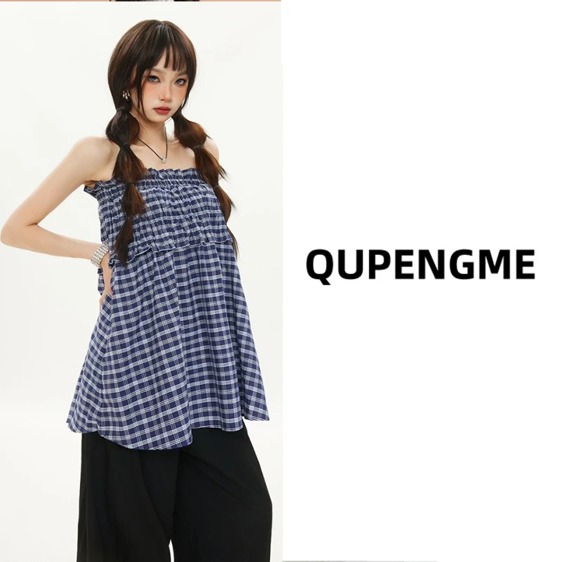 QUPENGME法式时尚半身裙女春夏上新设计感小众蓝色格子抹胸背心裙
