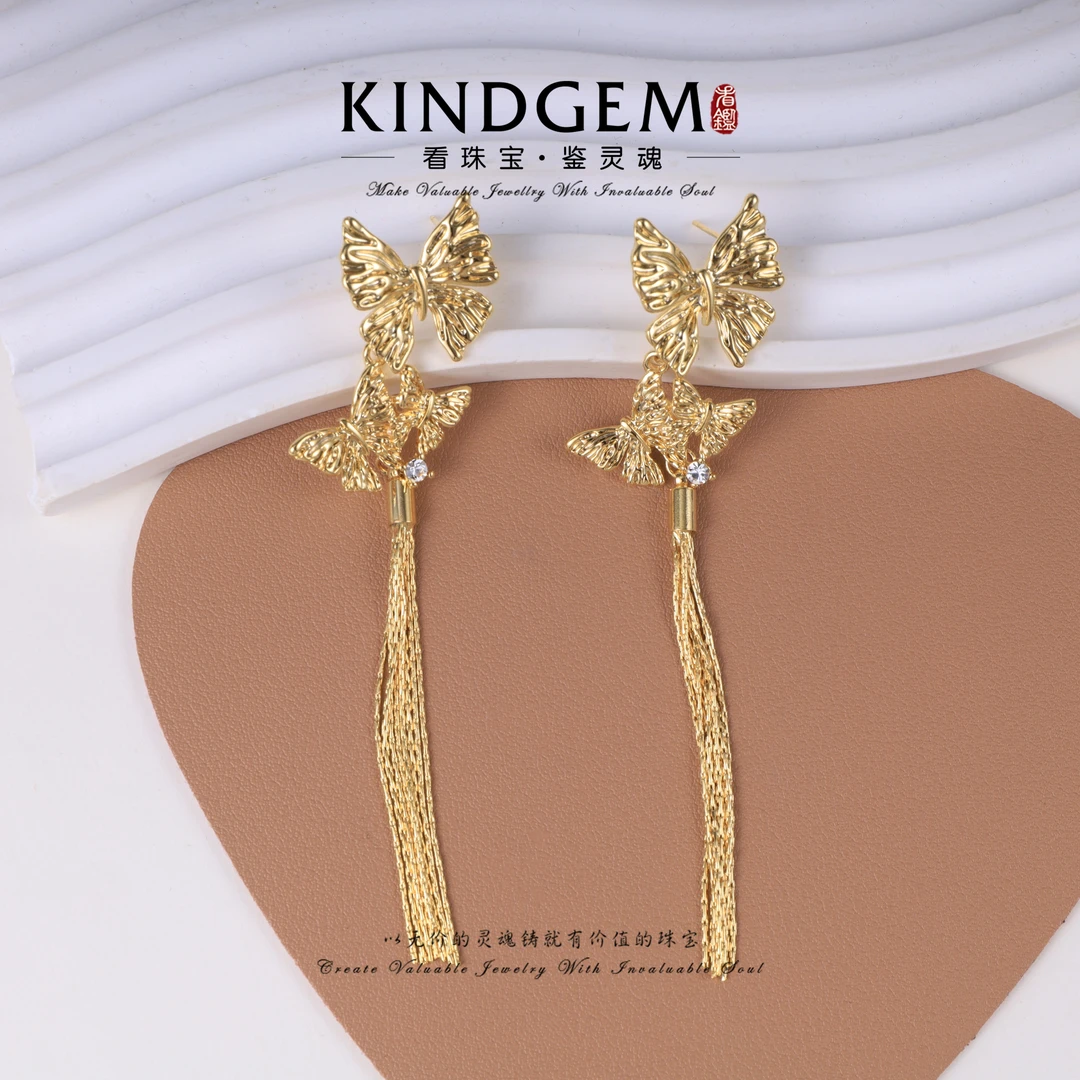 铜合金锆石耳饰 KindGem 金色设计款蝴蝶长流苏时尚耳环 C-37555