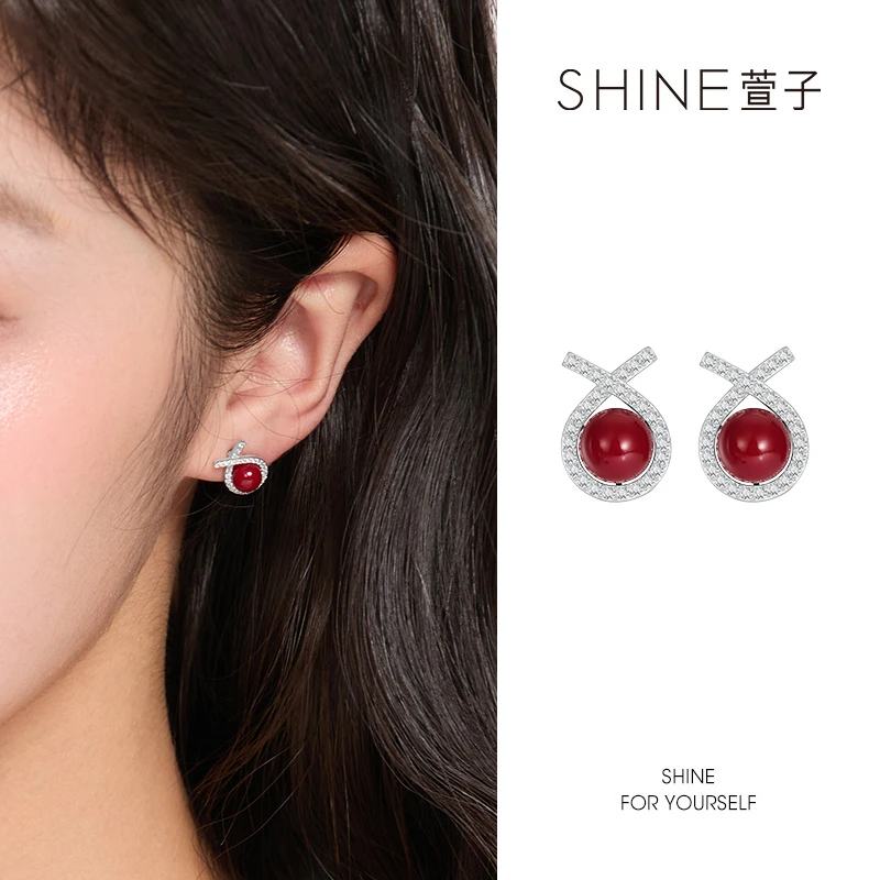 萱子 925银合成锆石耳饰 甜美风耳钉日韩耳饰简约小众复古红色