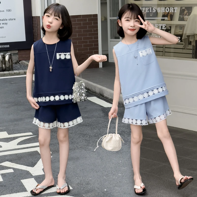 女童夏季花边无袖背心套装2025新款女孩洋气上衣短裤两件套度假风