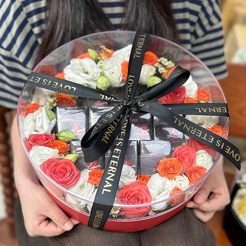 亚克力透明圆形花盒水果鲜花花束包装盒礼物礼品礼盒花艺插画空盒