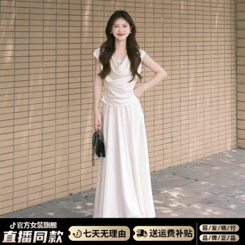 法式气质连衣裙女夏季2025新款独特漂亮荡领露肩上衣半身裙子套装