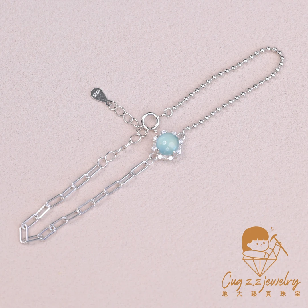 天然翡翠A货蓝水翡翠手链冰种蛋面简约手链925银