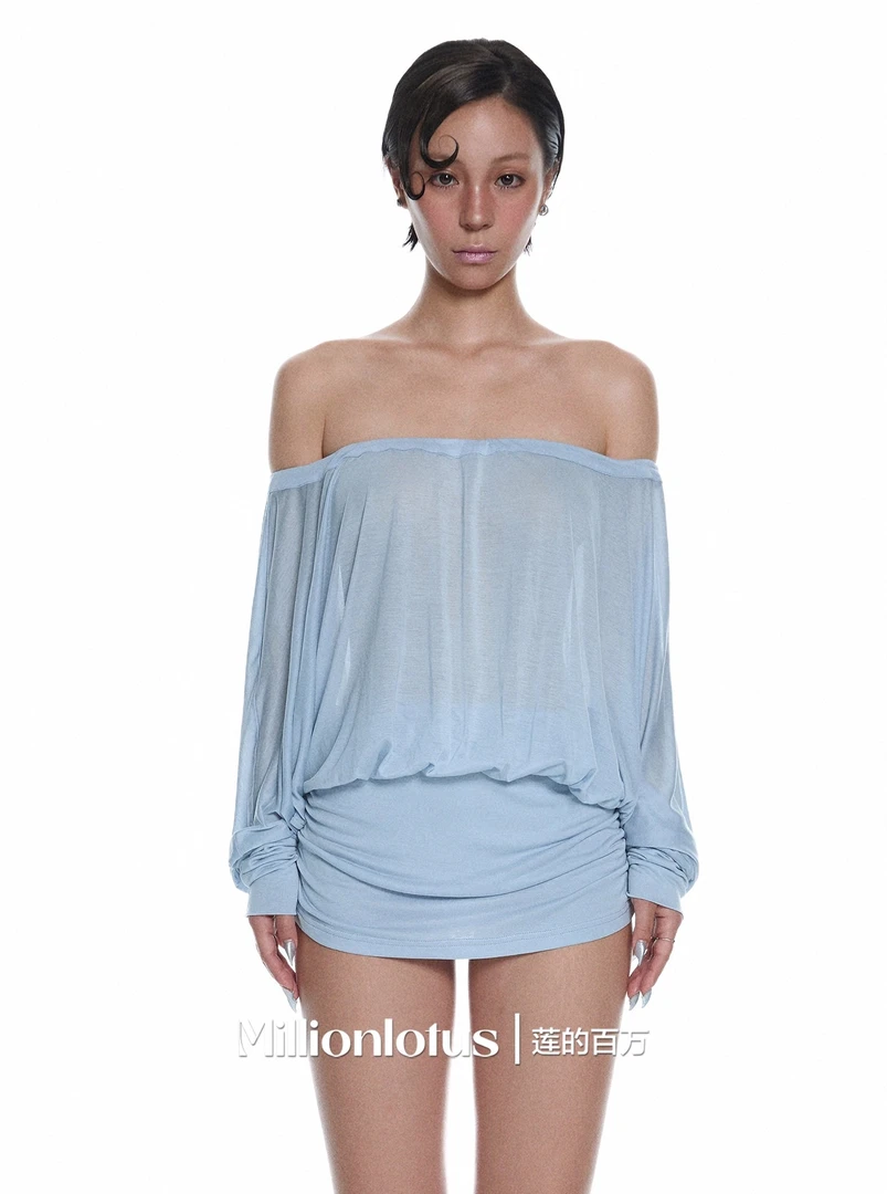 莲的百万 慵懒 一字肩纯欲 浅蓝色连衣裙夏日清凉