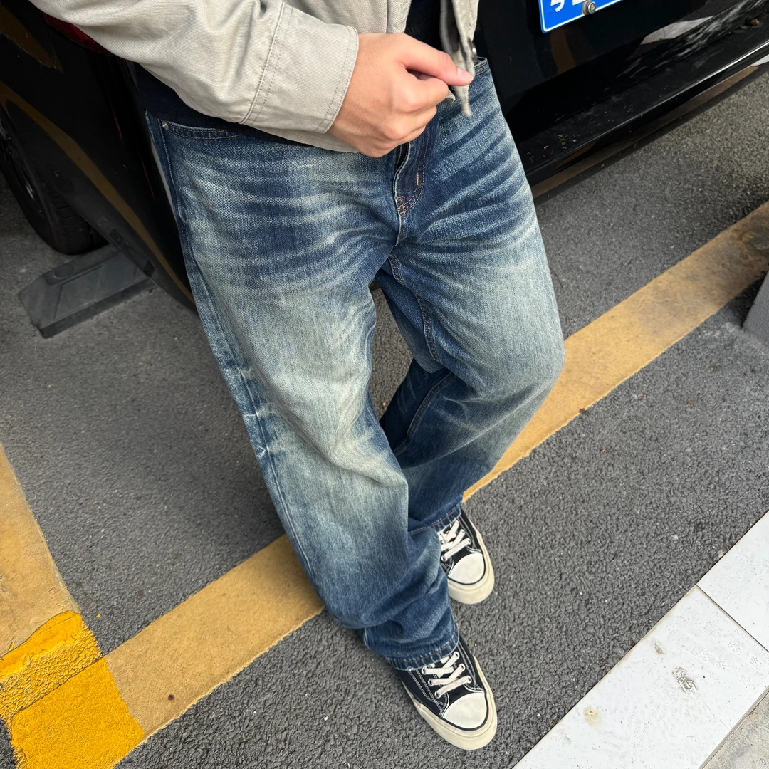 FEZ猫须休闲水洗猫须直筒牛仔裤印花水洗秋季拼接