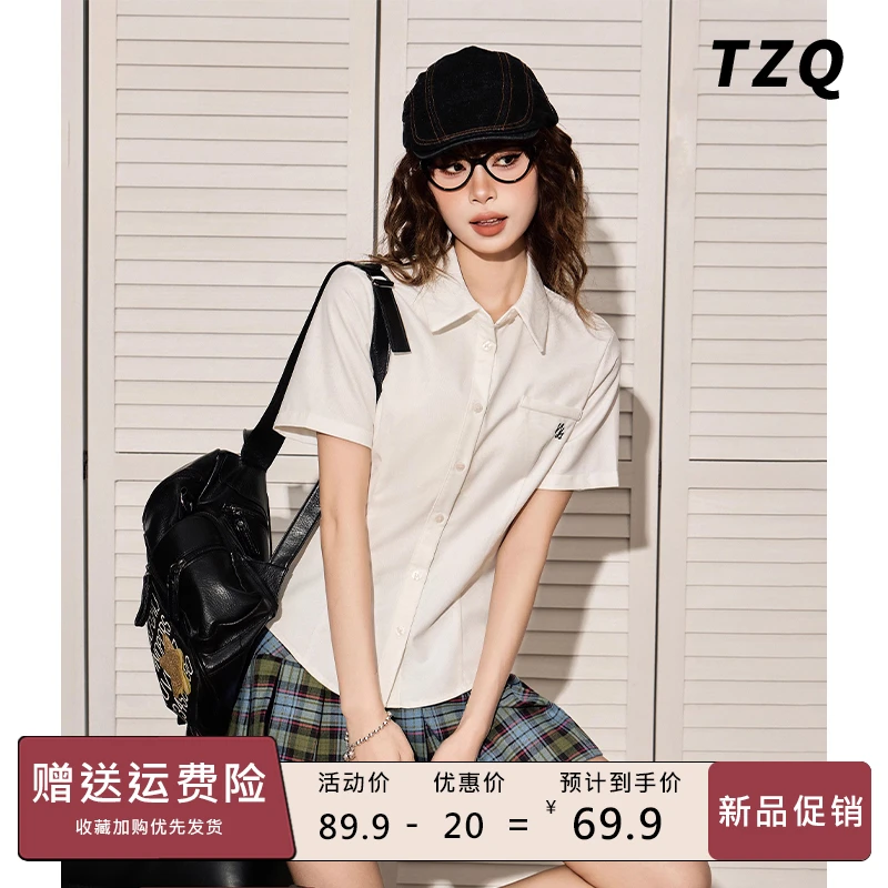 美式白色正肩衬衣半袖短袖衬衫女夏季修身收腰显瘦上衣TZQ2551931