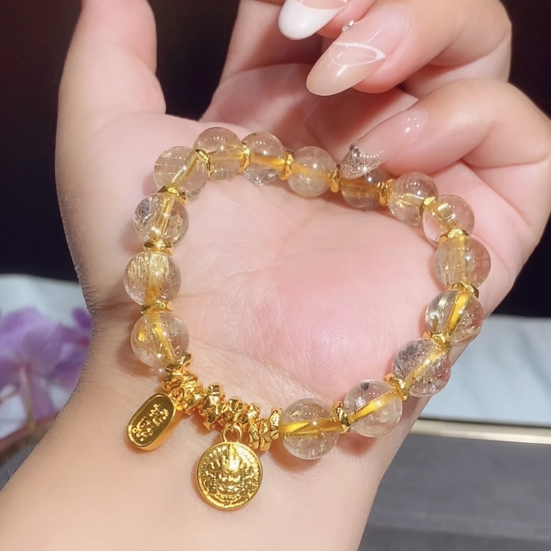 足金黄财神盘缠水晶手串多样性发货