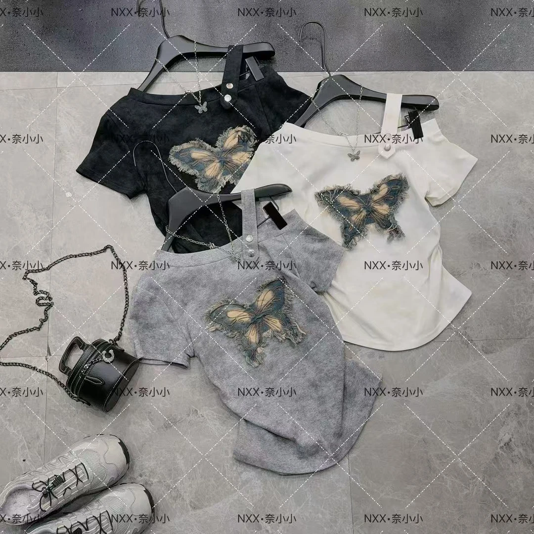 夏季新款美式复古蝴蝶贴布露肩短袖T恤女晕染不规则辣妹上衣
