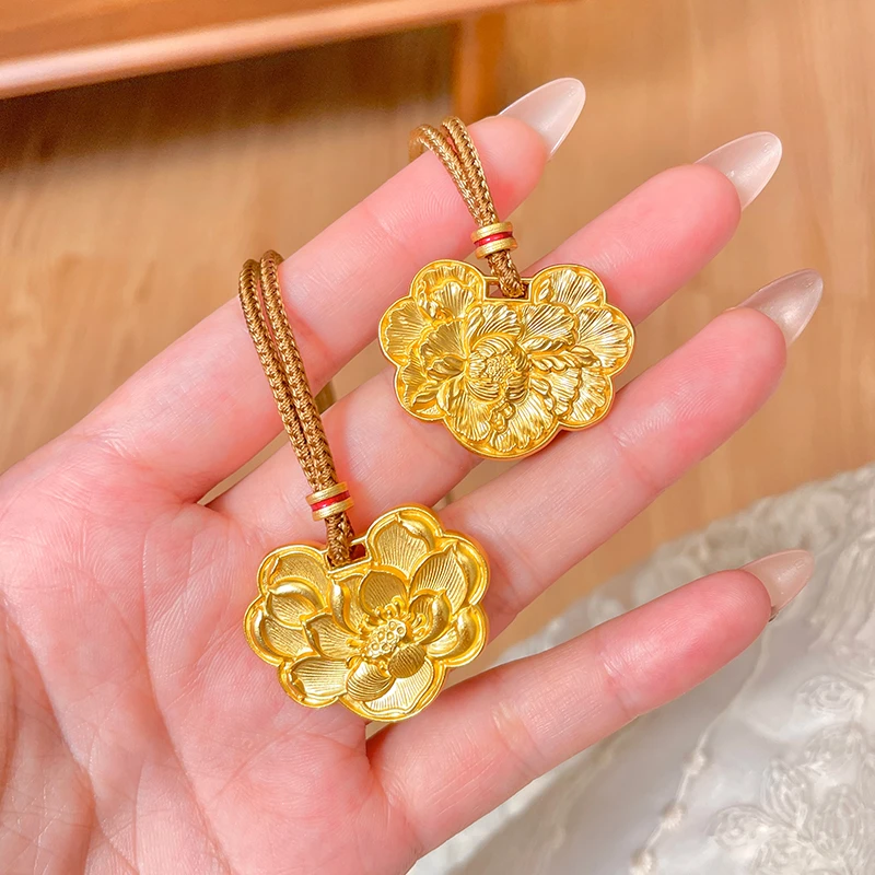 吊坠足银珐琅 「金色双韵」足银999.9彩吊坠女手工新中式牡丹长命锁