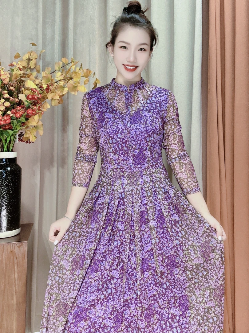 S 1199 # 时尚洋气碎花长袖连衣裙妈妈装国风气质女神