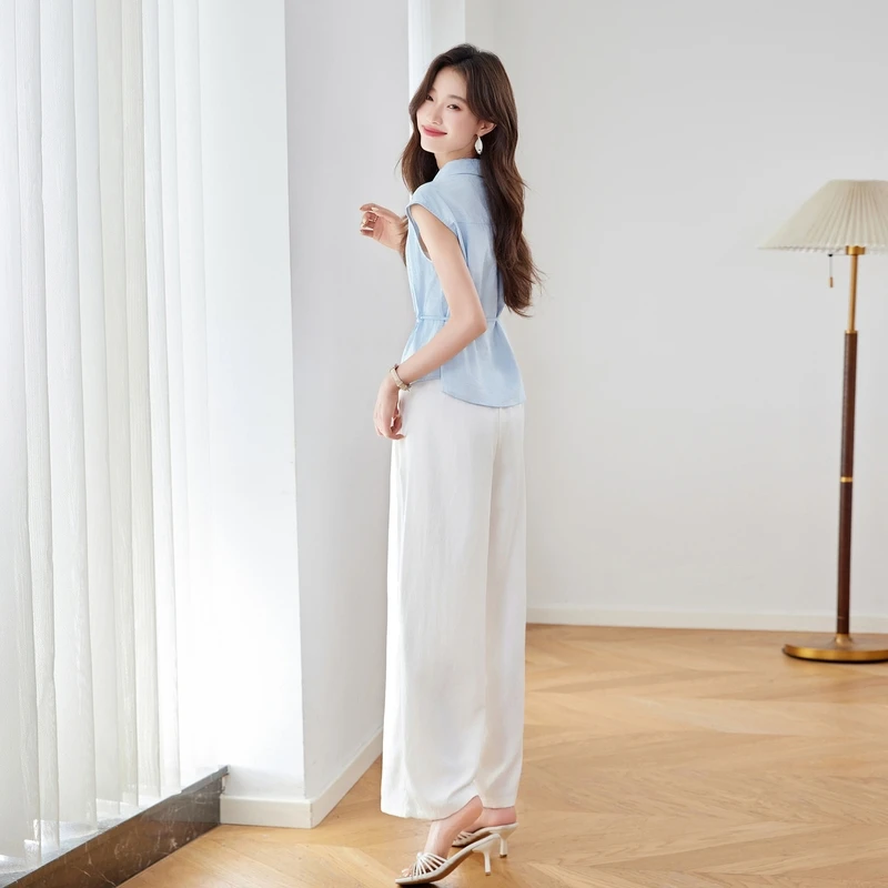 时尚休闲微胖套装女夏装2025新款收腰小衫上衣阔腿裤两件套穿搭潮