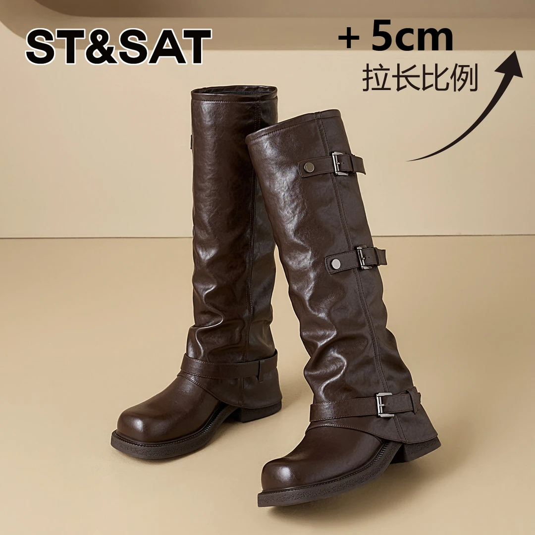 星期六厚底美拉德骑士长靴女士2025新款长筒靴时尚棕色超火裤管靴