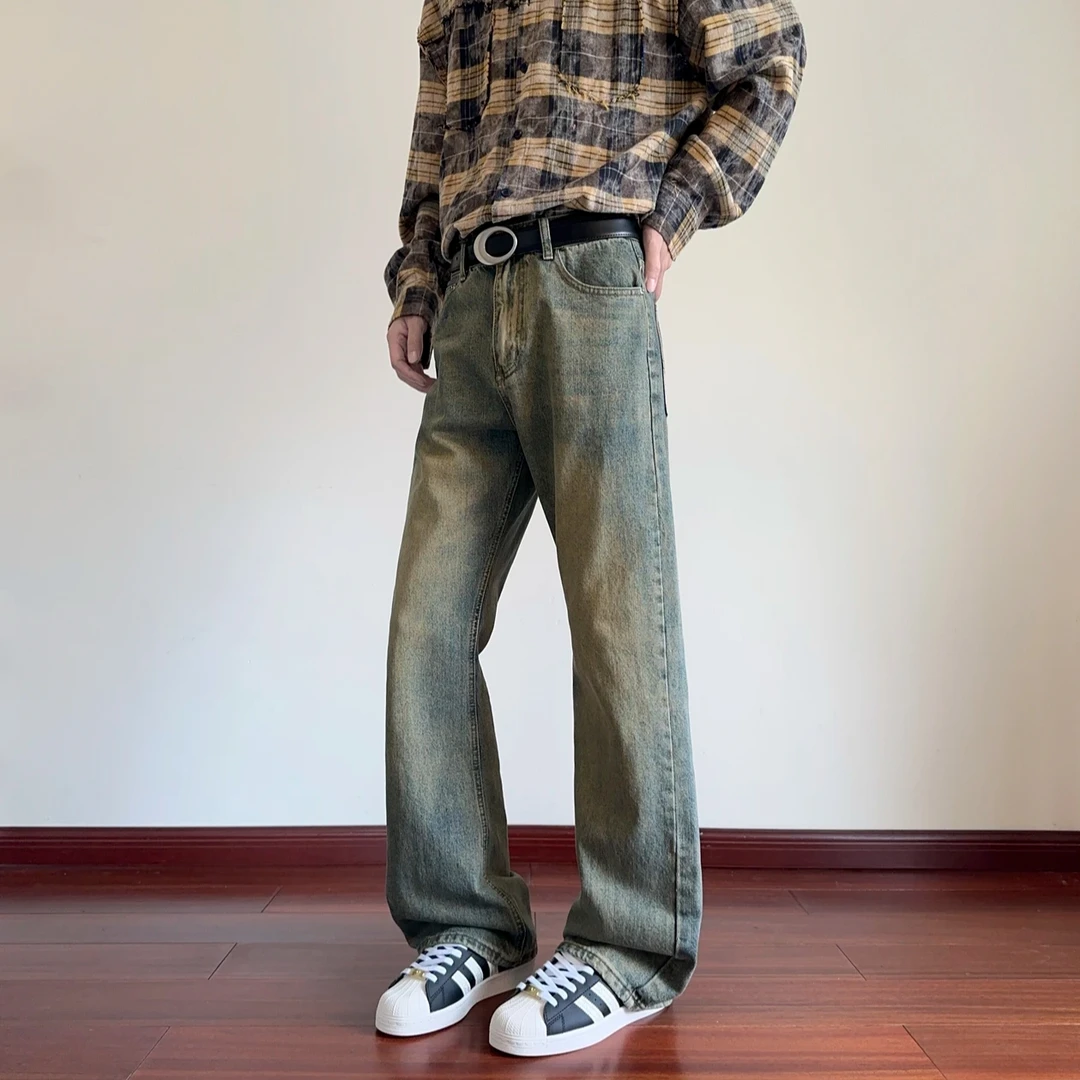 水洗复古做旧牛仔裤男春秋季潮牌宽松直筒阔腿百搭休闲拖地长裤子