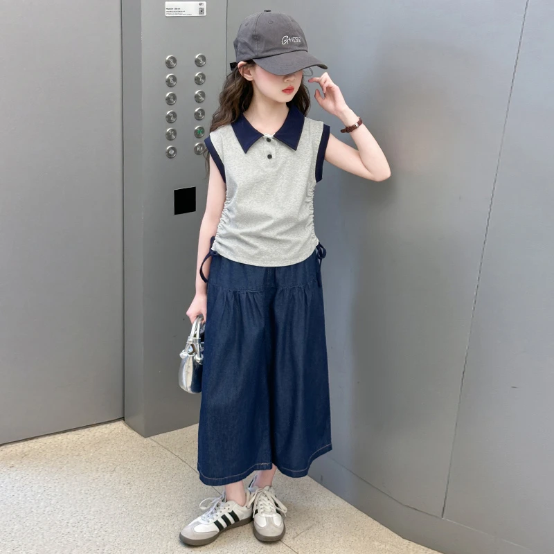 女童夏装套装2025新款洋气小女孩时尚POLO领无袖T恤阔腿裤两件套