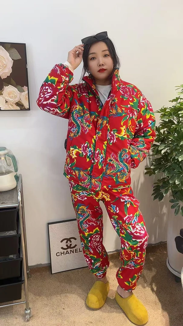 东北网红特色大花立领棉服加厚印花冬季