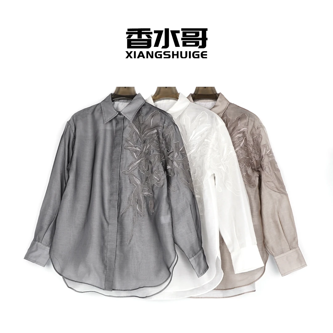 2025夏季新女复古国风时尚宽松衬衫欧根纱桑蚕丝衬衣重工刺绣上衣