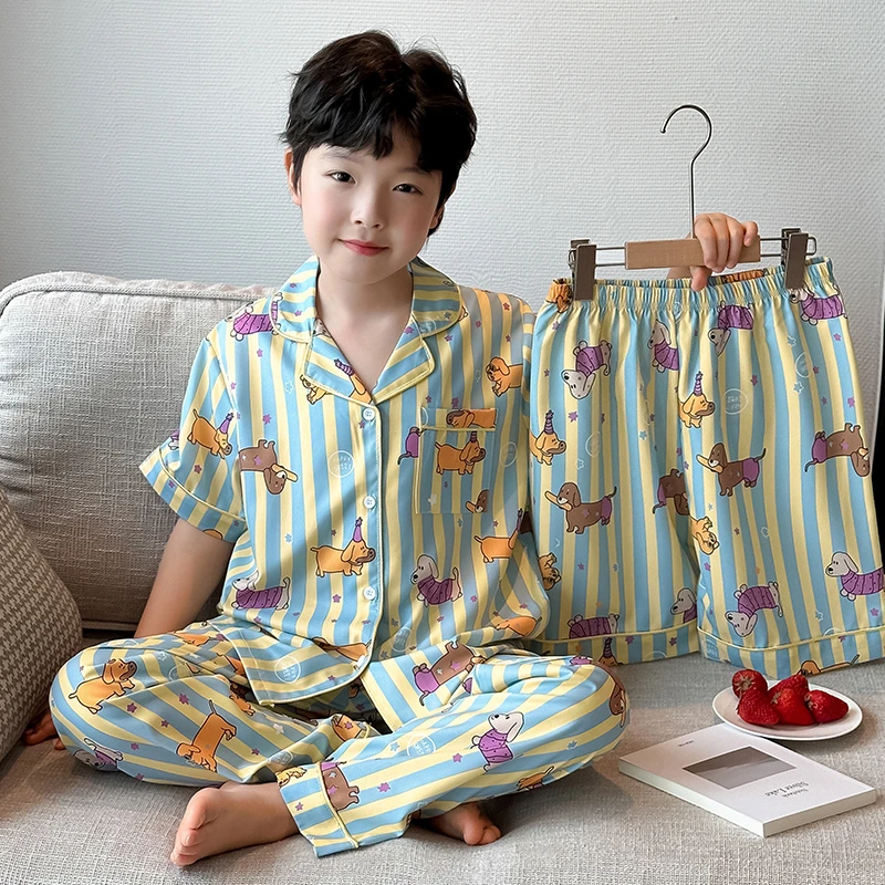 儿童睡衣男童云朵棉夏季空调服短袖长裤中大童男孩薄款家居服套装