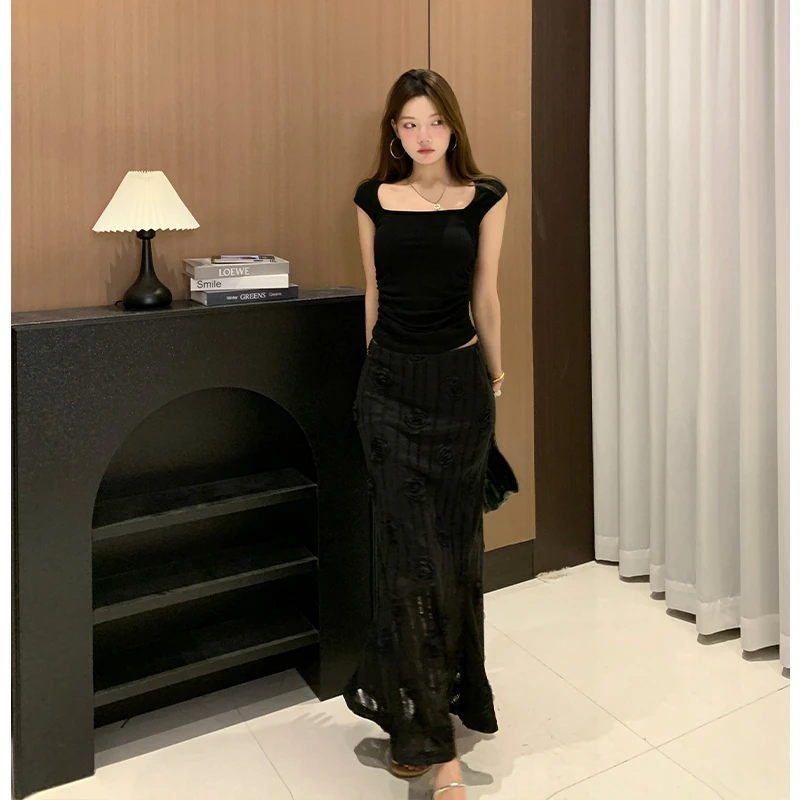 2025夏季新款女法式气质修身方领无袖上衣百搭高腰花朵鱼尾半身裙