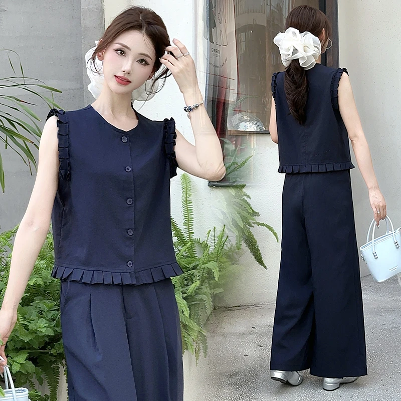 时尚套装女夏季短款圆领无袖上衣小个子九分休闲高腰阔腿裤两件套