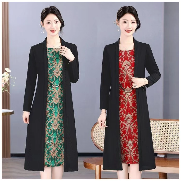 妈妈装2025春季新款假两件连衣裙中老年女装洋气显瘦大码长袖裙子