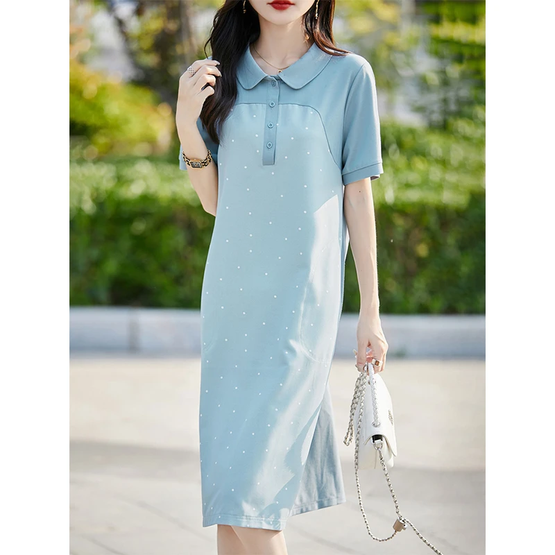 气质显白翻领蓝色波点连衣裙女新款知性风衣服polo领短袖A字T恤裙