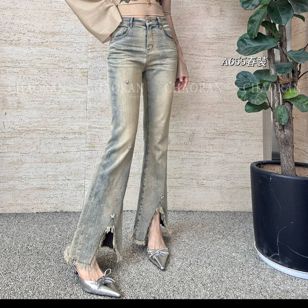 超然超然2025春季复古裤脚开叉牛仔裤女修身显瘦微喇长裤A665