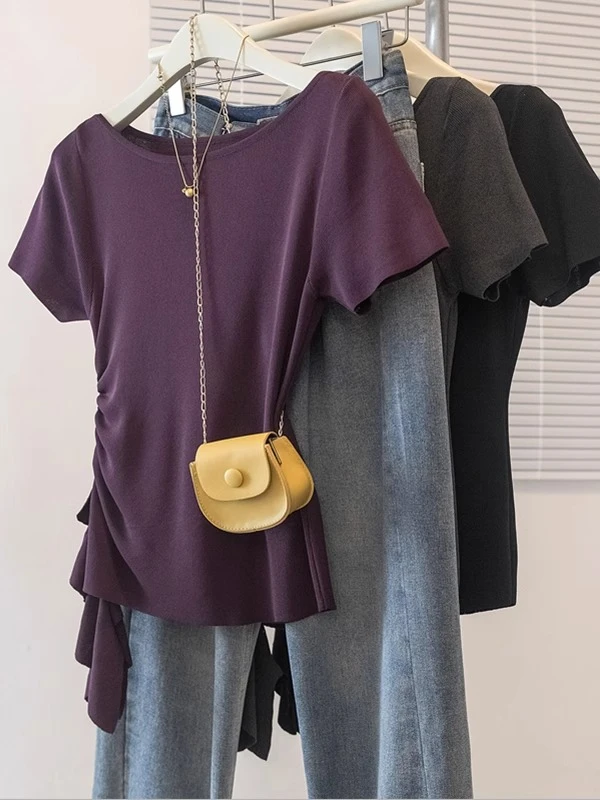 紫色气质独特短袖T恤女夏季新款设计感褶皱收腰显瘦遮肚百搭上衣